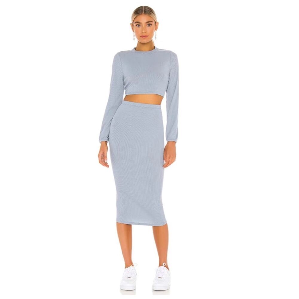 Superdown Lena SET Cropped Top Skirt Ribbed Long Sleeve Blue Womens Size XXS